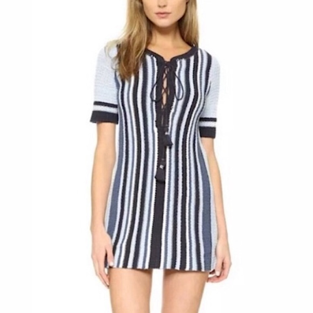 Free People Blue Striped Lollipop Crochet Knit Lace Up Front Dress Size M
